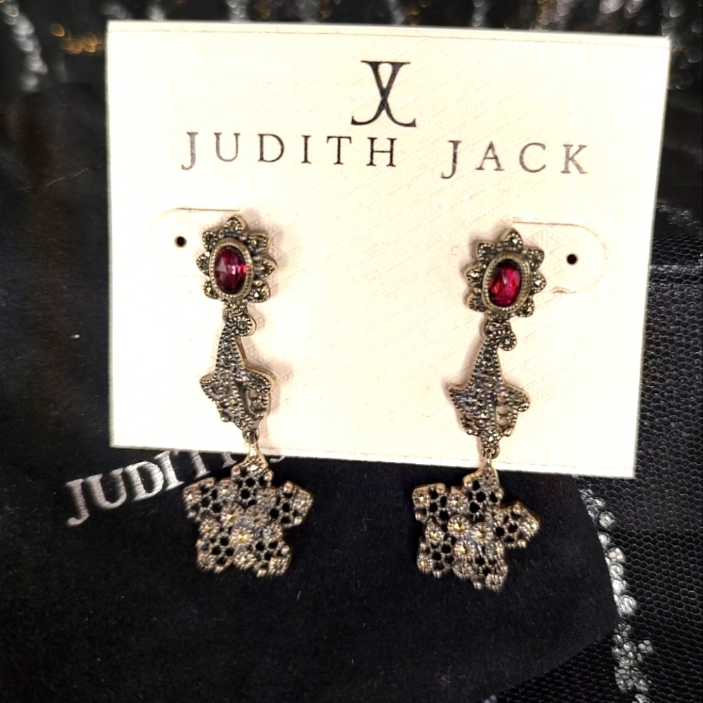 Judith Jack Red Garnet Marcasite Sterling Silver Dangle Earrings! NWT!